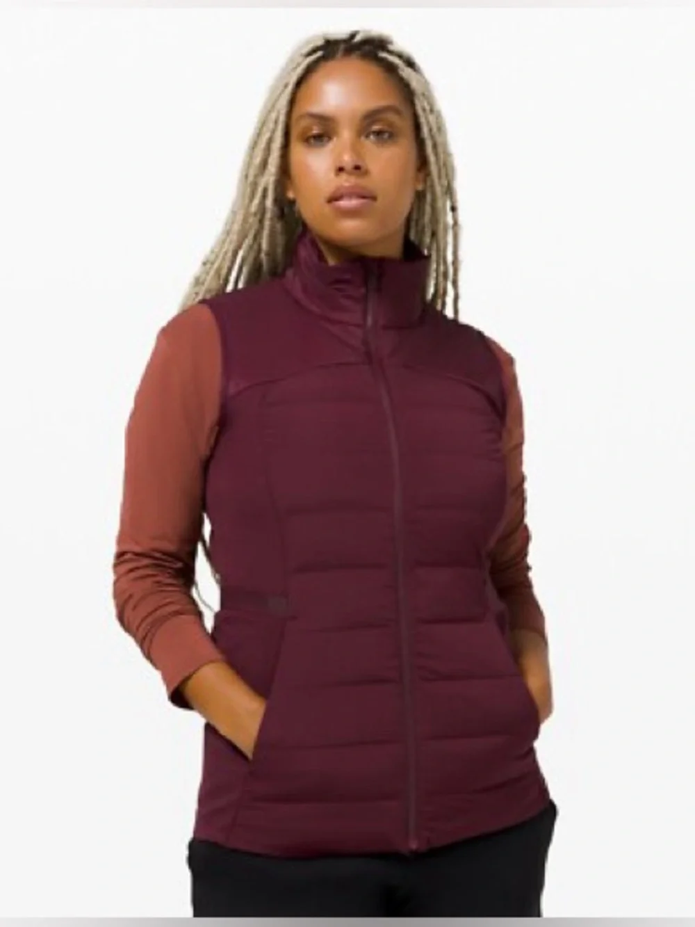 Lululemon Quilted Down Puffer Full Zip Sleeveless Mock Neck Vest Burgundy Red